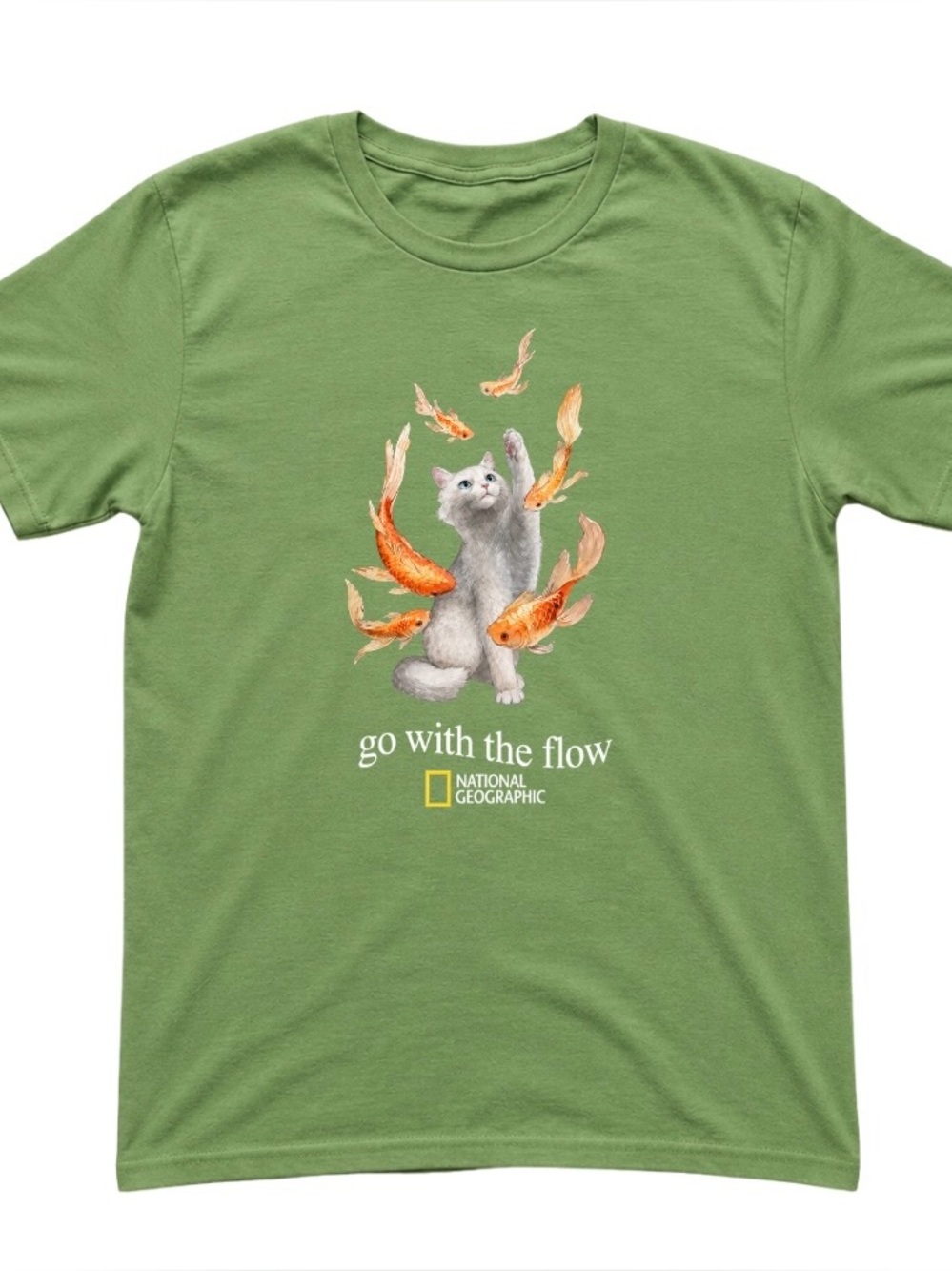National Geographic "Go With The Flow" Cat & Koi Green T-Shirt